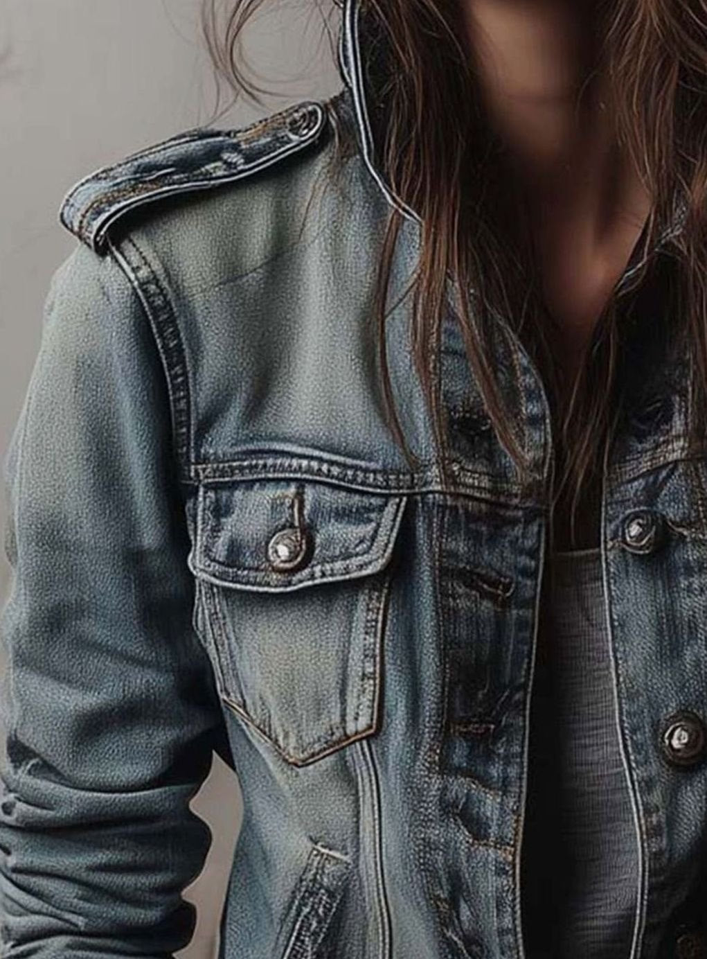 Women's Washed Faded Utility Trucker Denim Jacket