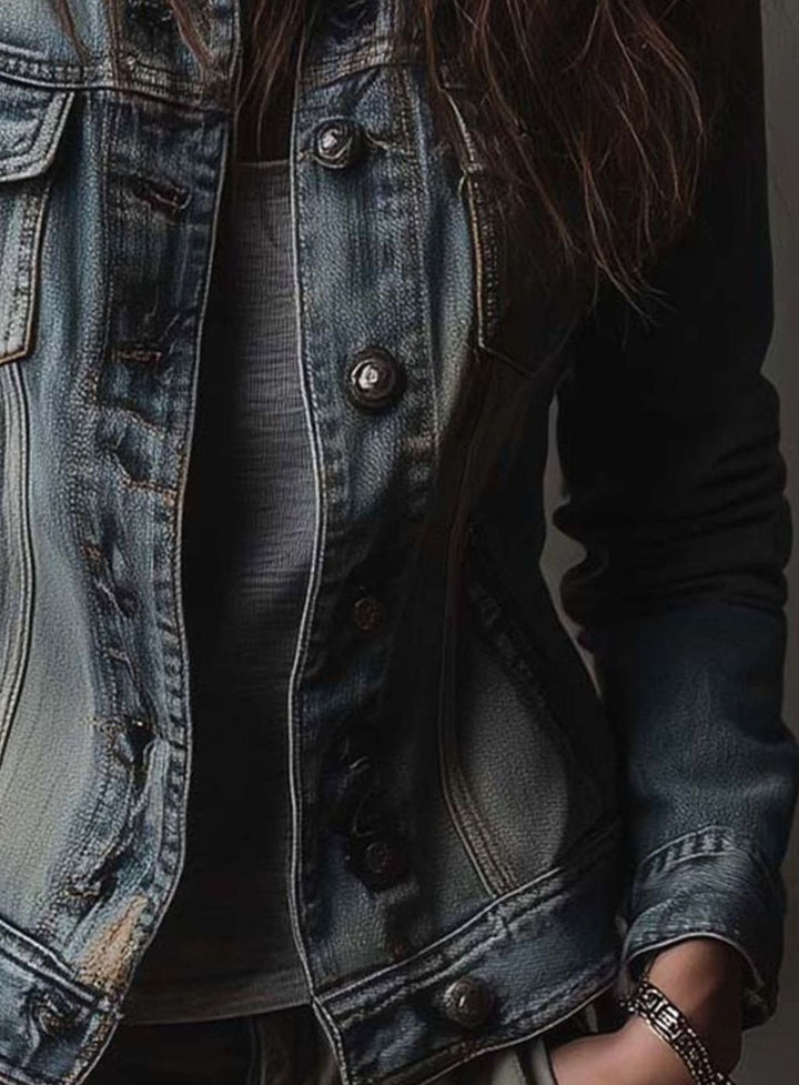 Women's Washed Faded Utility Trucker Denim Jacket