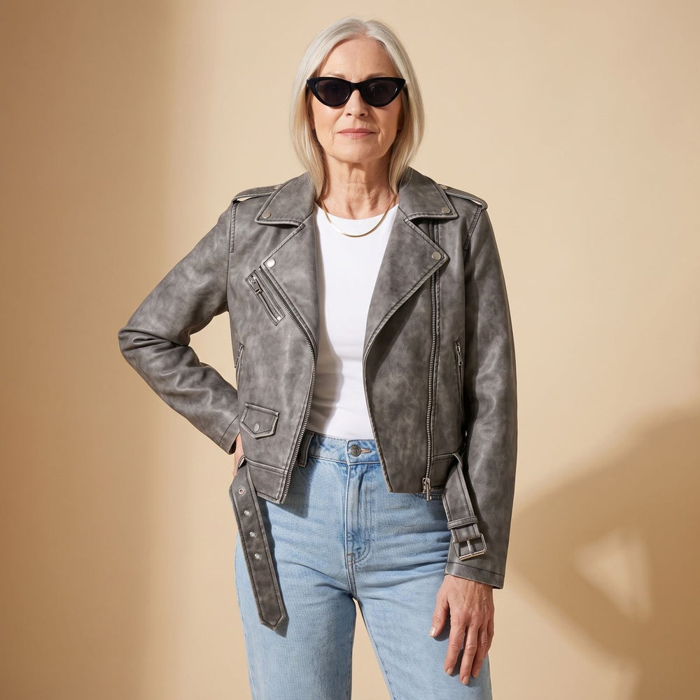 Women's Washed Faux Leather Biker Jacket - Gray