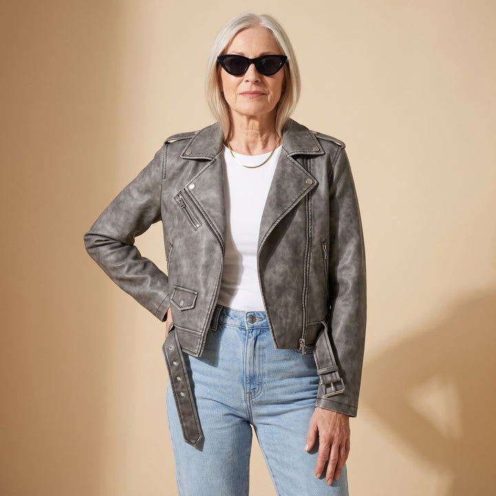 Women's Washed Faux Leather Biker Jacket - Gray