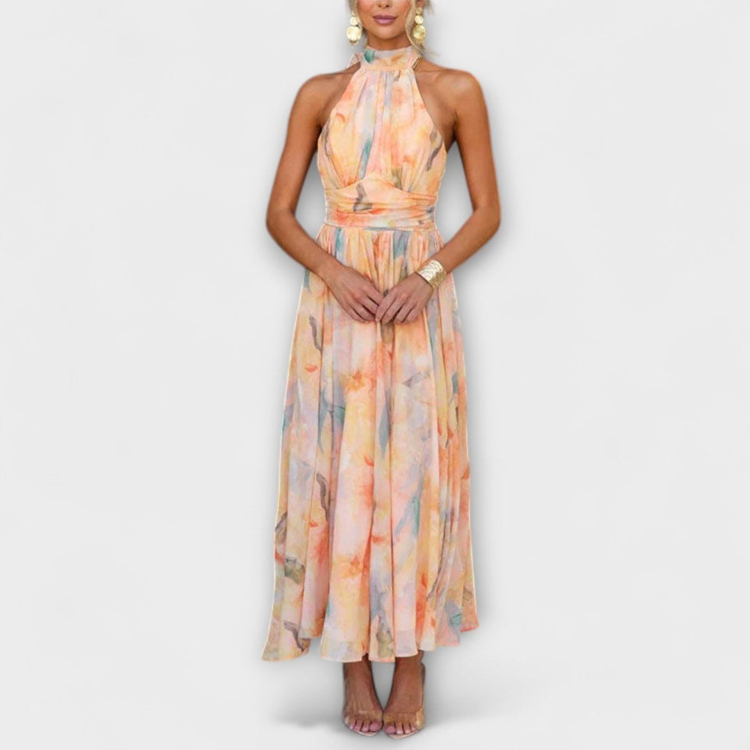 Women's Watercolor Halter Maxi Cocktail Party Dress Flowy Open Back
