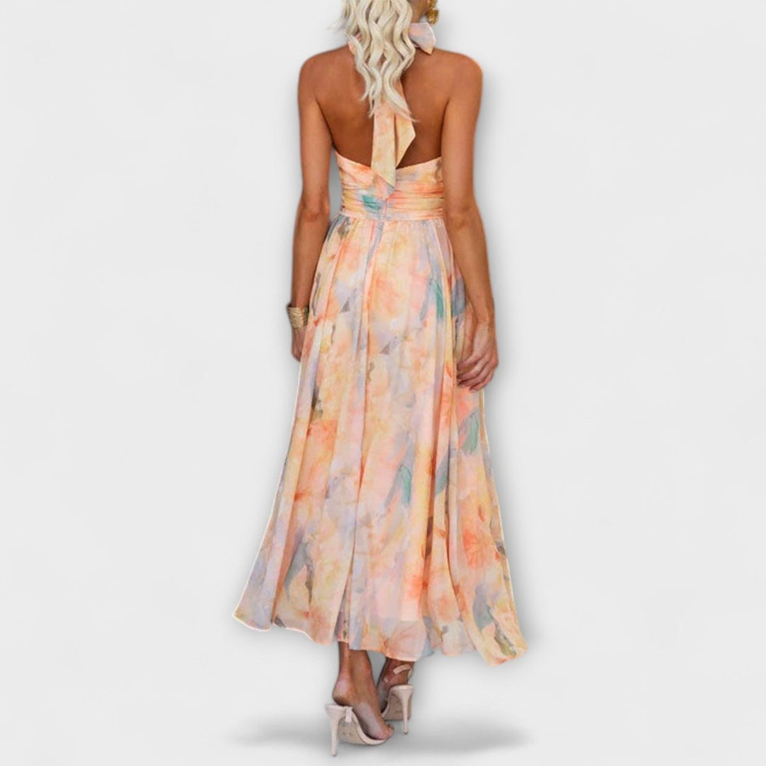Women's Watercolor Halter Maxi Cocktail Party Dress Flowy Open Back