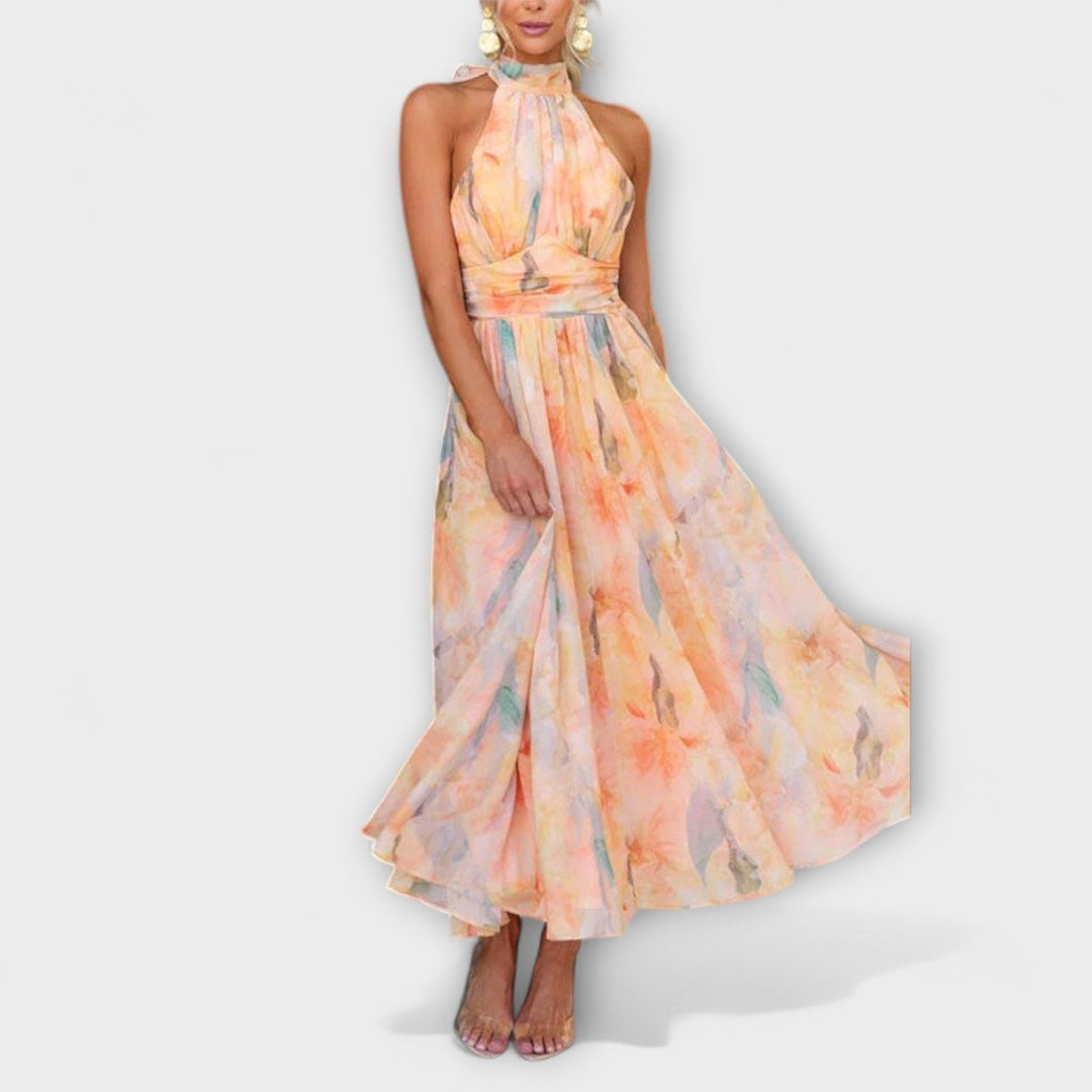 Women's Watercolor Halter Maxi Cocktail Party Dress Flowy Open Back