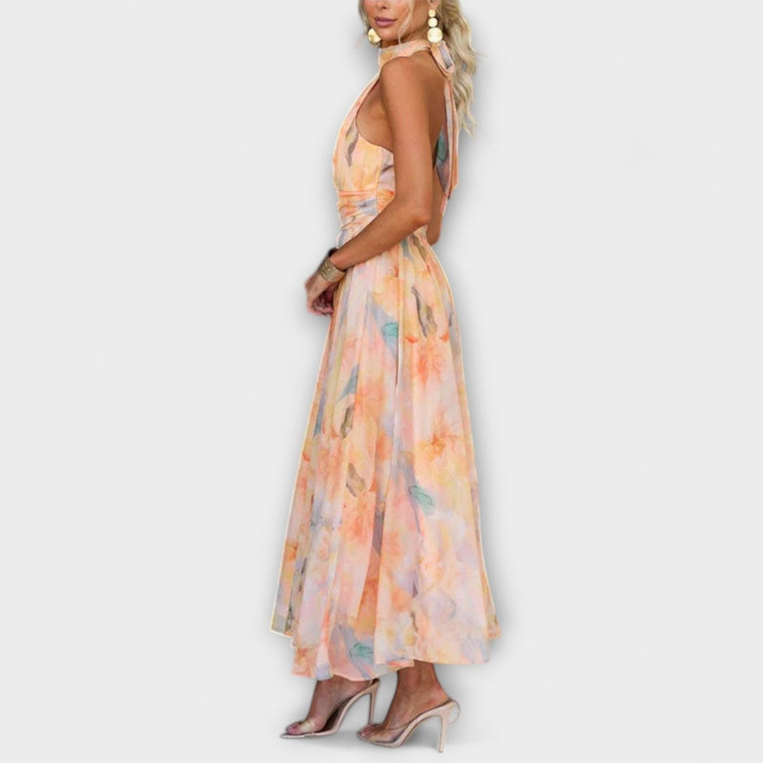 Women's Watercolor Halter Maxi Cocktail Party Dress Flowy Open Back
