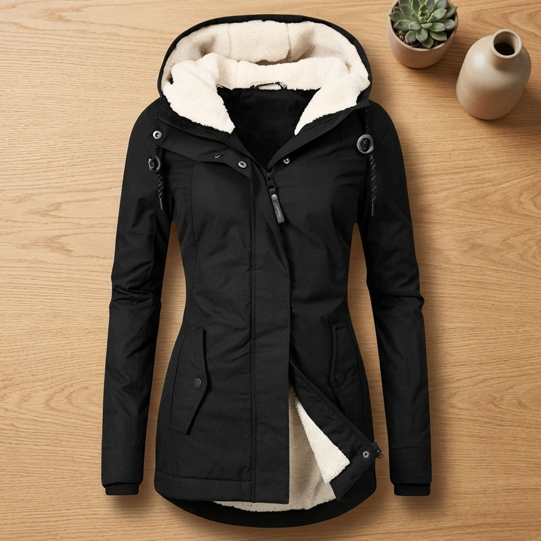 Women's Waterproof Fleece-Lined Hooded Winter Parka Coat - Black