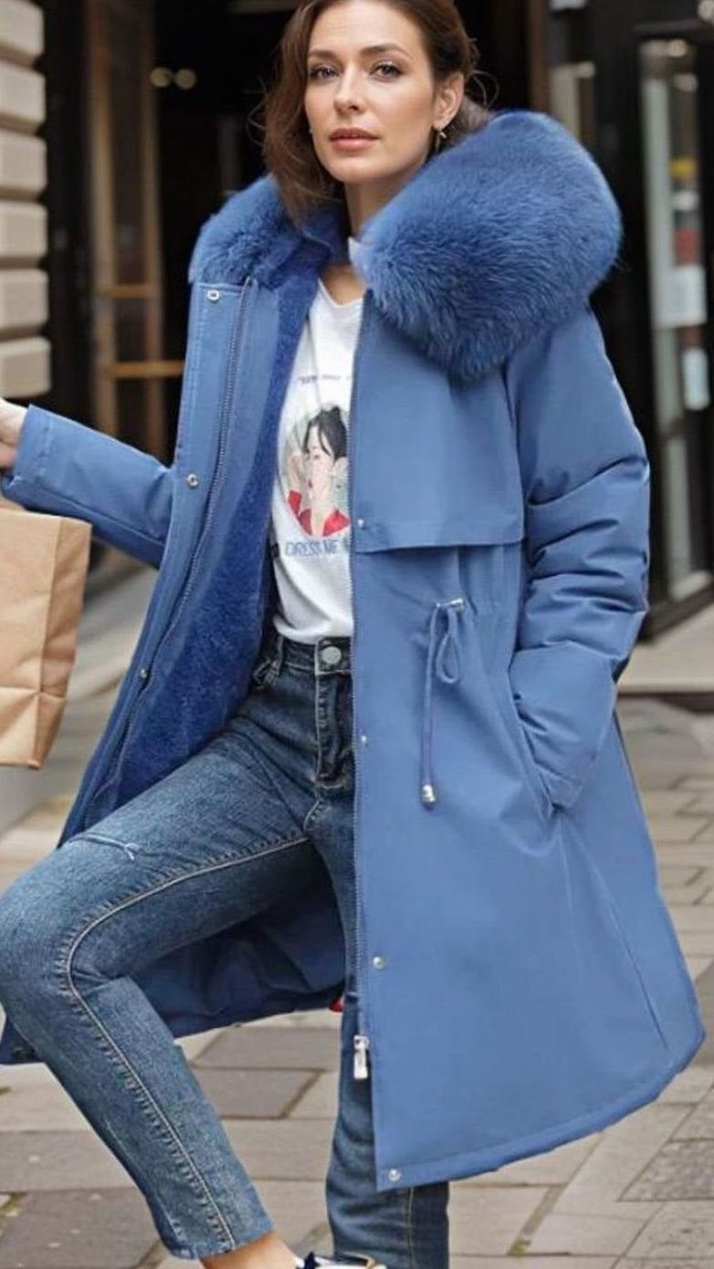 Women's Waterproof Insulated Winter Parka Faux-Fur Hood Coat - Blue