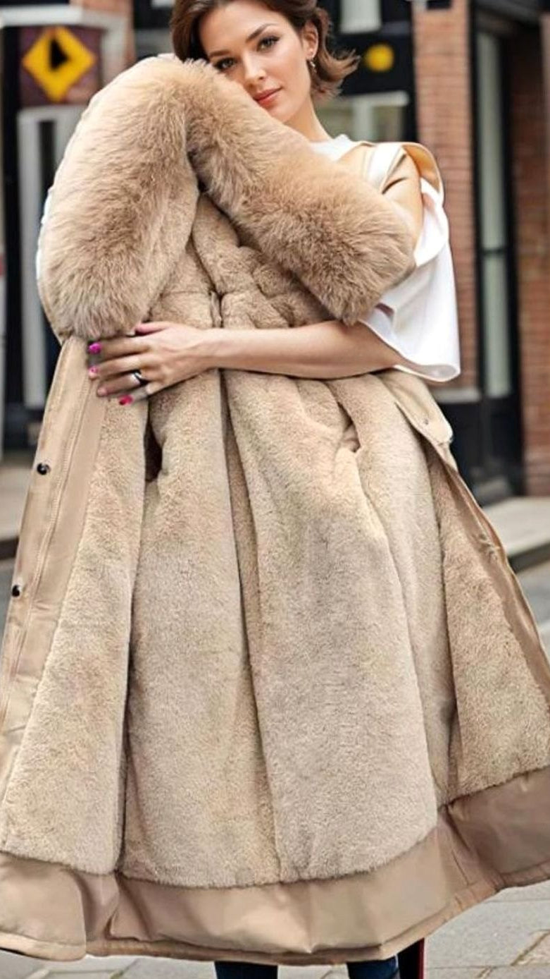 Women's Waterproof Insulated Winter Parka Faux-Fur Hood Coat - Beige