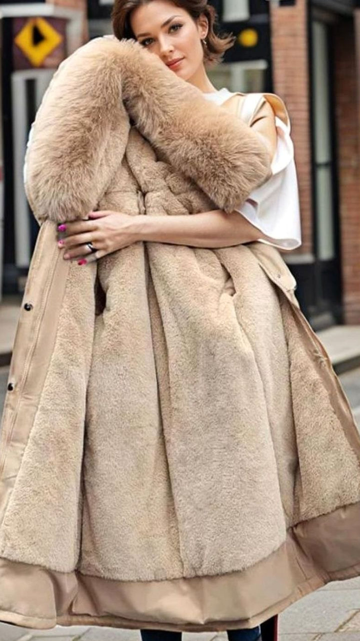 Women's Waterproof Insulated Winter Parka Faux-Fur Hood Coat - Beige