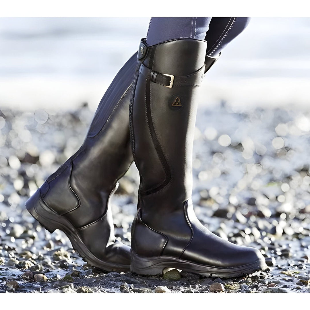 Women's Waterproof Leather Knee High Boots Buckle Riding - Black
