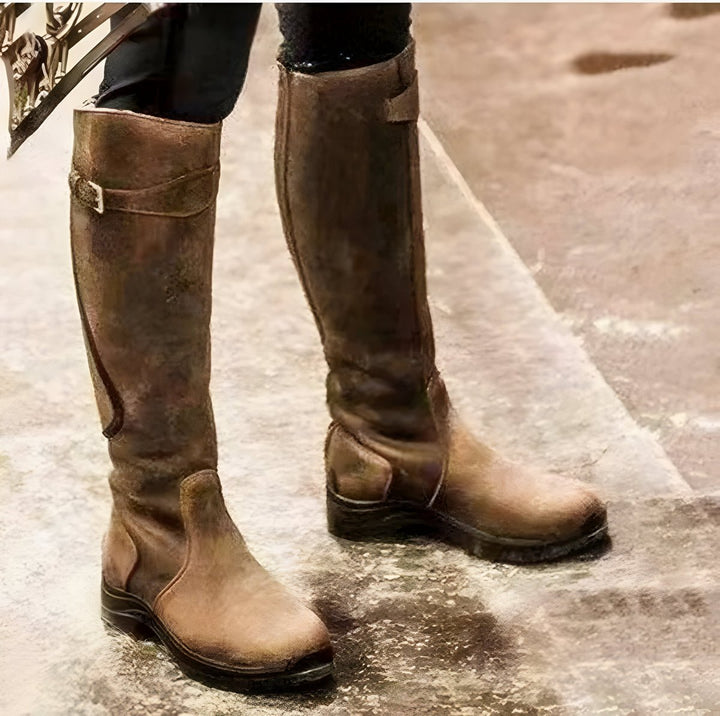 Women's Waterproof Leather Knee High Boots Buckle Riding - Brown