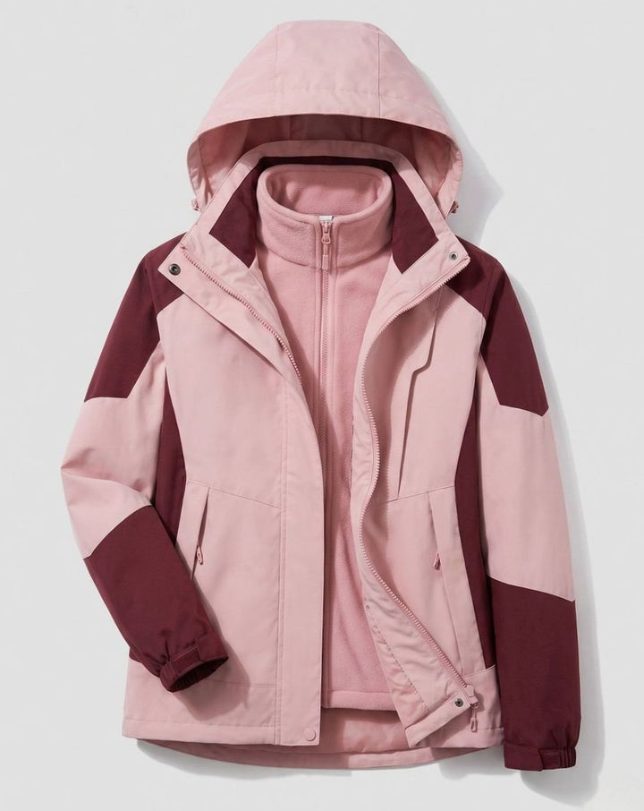 Women's Waterproof Two-Layer Hooded Outdoor Jacket - Women Rose-Wine Red (Single)