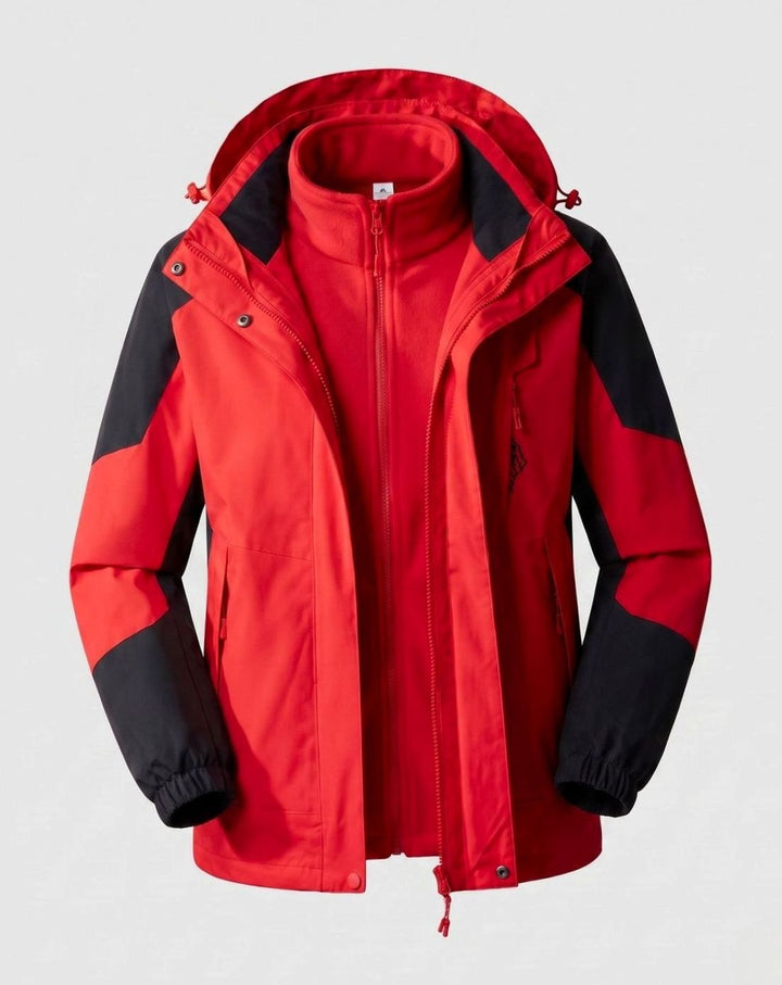 Women's Waterproof Two-Layer Hooded Outdoor Jacket - Men China Red (Single)