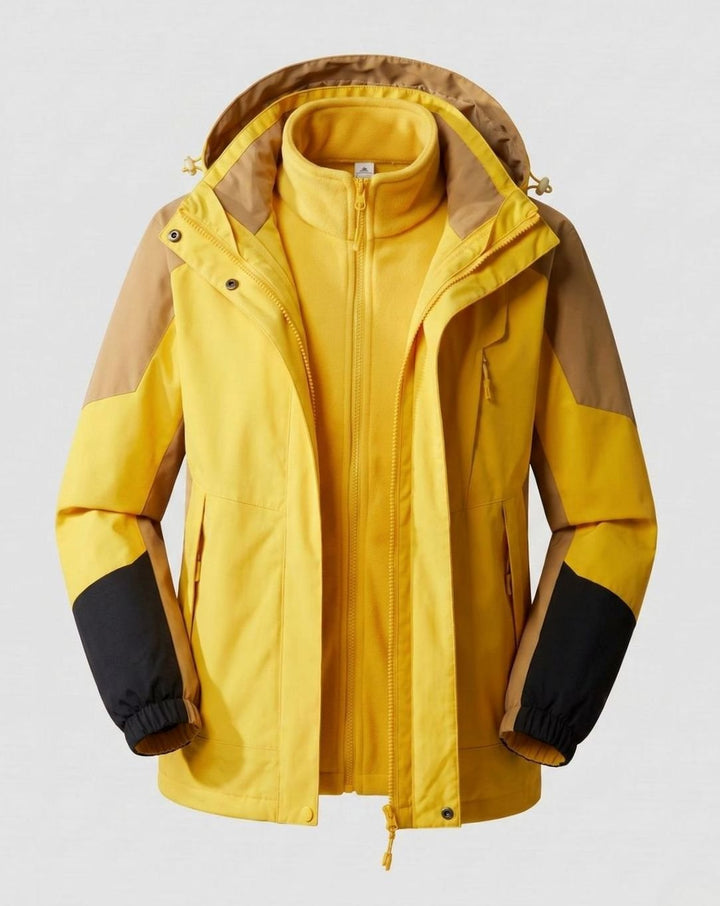 Women's Waterproof Two-Layer Hooded Outdoor Jacket - Men Orange-Yellow (2-Piece Set)