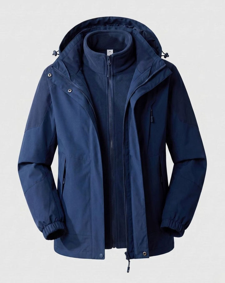 Women's Waterproof Two-Layer Hooded Outdoor Jacket - Men Denim Blue (2-Piece Set)