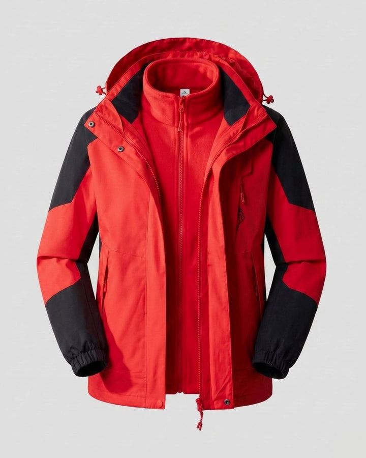 Women's Waterproof Two-Layer Hooded Outdoor Jacket - Men China Red (2-Piece Set)