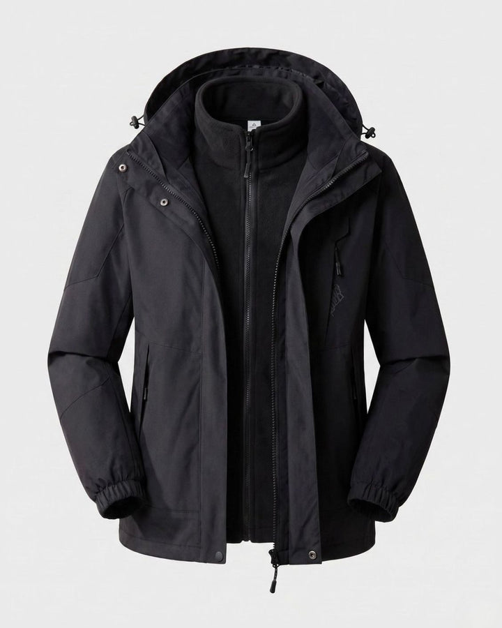 Women's Waterproof Two-Layer Hooded Outdoor Jacket - Men Black (2-Piece Set)