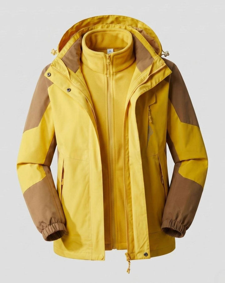 Women's Waterproof Two-Layer Hooded Outdoor Jacket - Men Orange-Yellow (Single)
