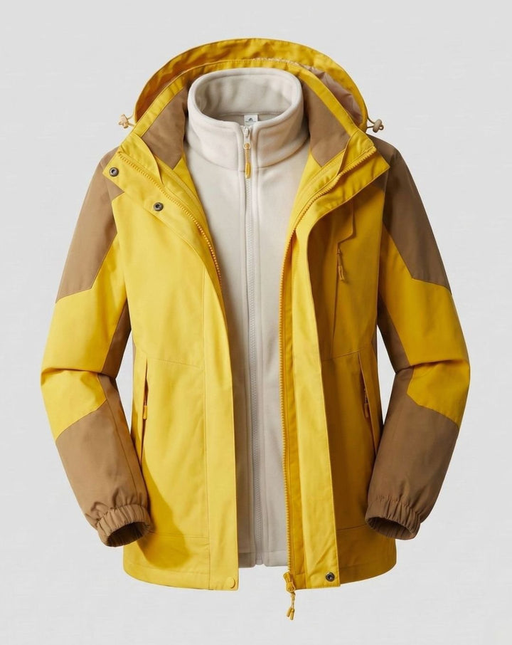 Women's Waterproof Two-Layer Hooded Outdoor Jacket - Women Orange-Yellow (Single)