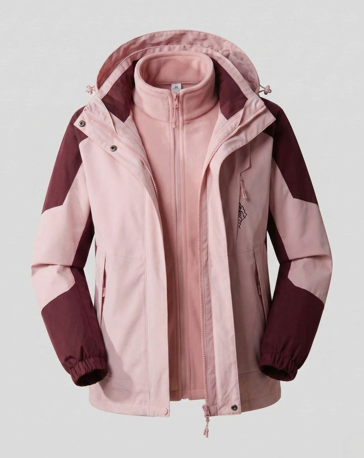 Women's Waterproof Two-Layer Hooded Outdoor Jacket - Women Pink-Wine Red (2-Piece Set)