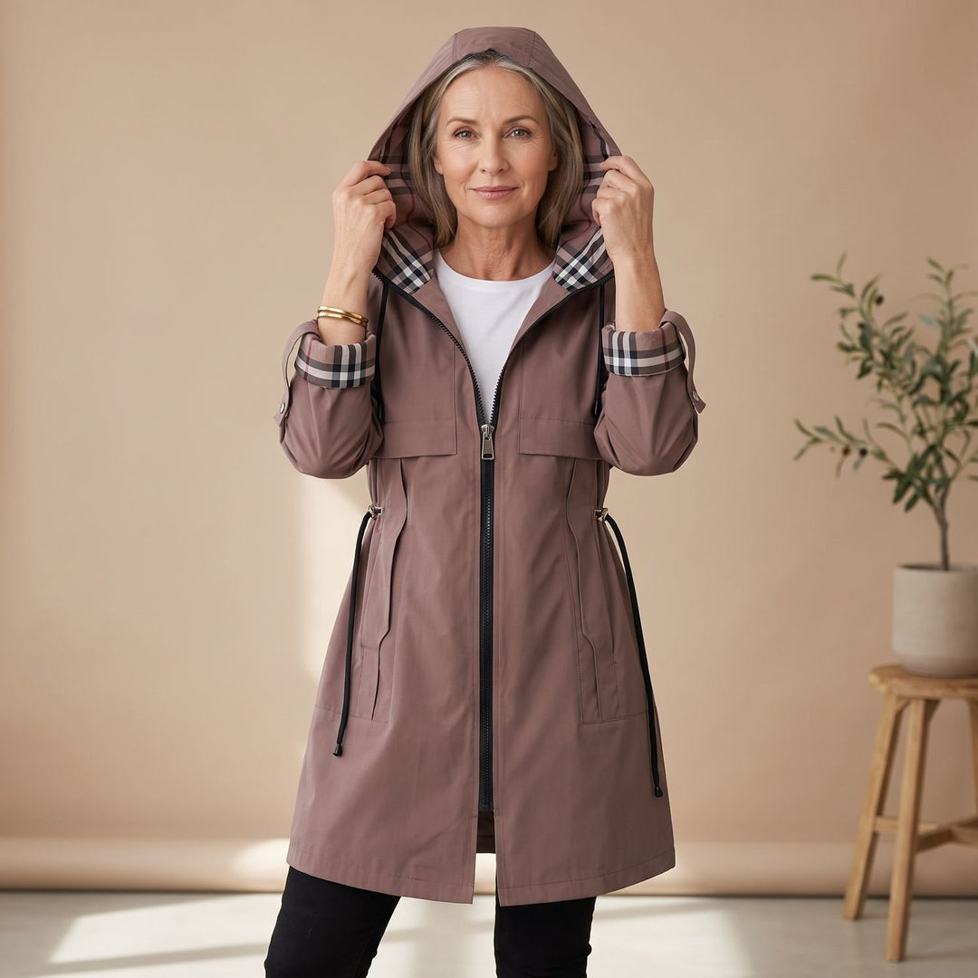 Women's Waterproof Windproof Hooded Zip-Front Trench Coat - Brown