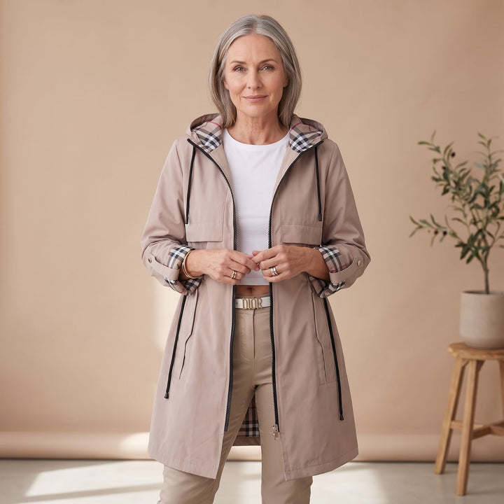 Women's Waterproof Windproof Hooded Zip-Front Trench Coat - Beige