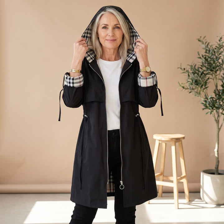 Women's Waterproof Windproof Hooded Zip-Front Trench Coat - Black