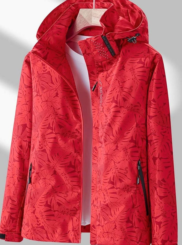 Women's Waterproof Windproof Lightweight Hooded Rain Jacket - Red