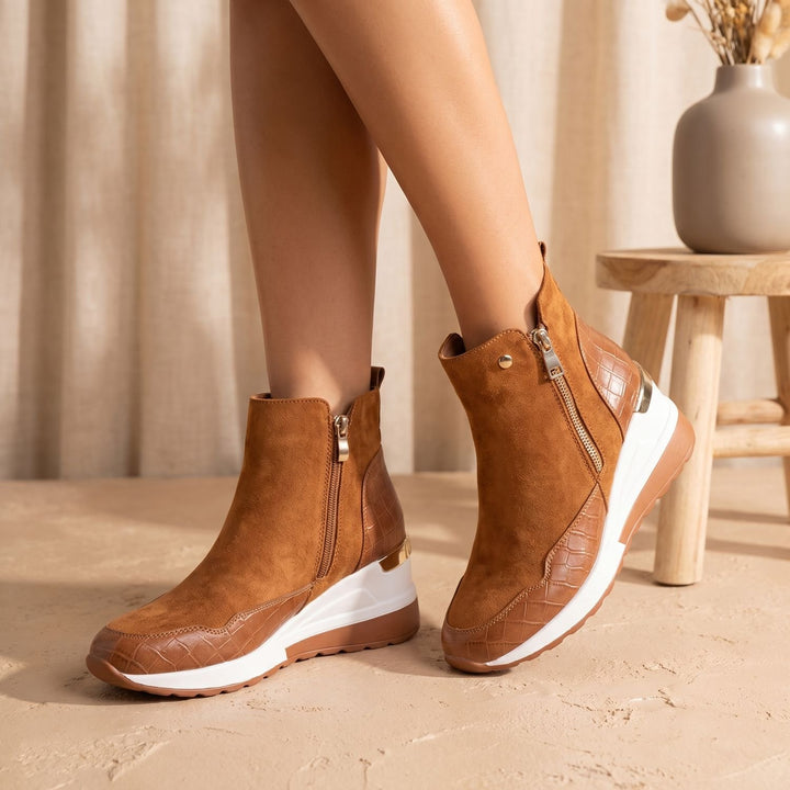 Women's Wedge Ankle Booties Side-Zip Contrast Sole - Brown