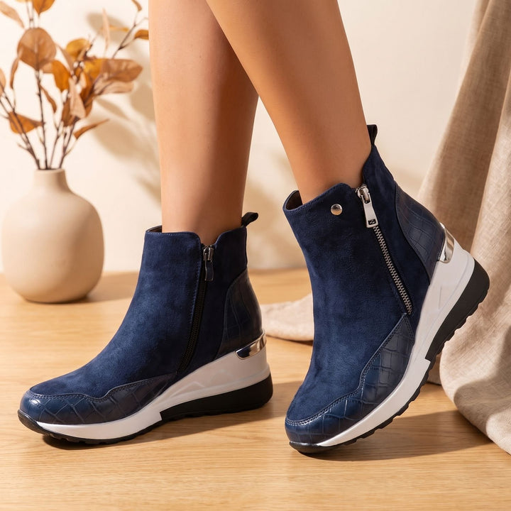 Women's Wedge Ankle Booties Side-Zip Contrast Sole - Blue