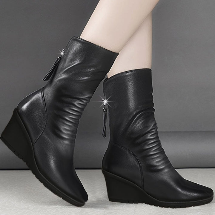 Women's Wedge Mid-Calf Boots Side-Zip Ruched Faux Leather - Black