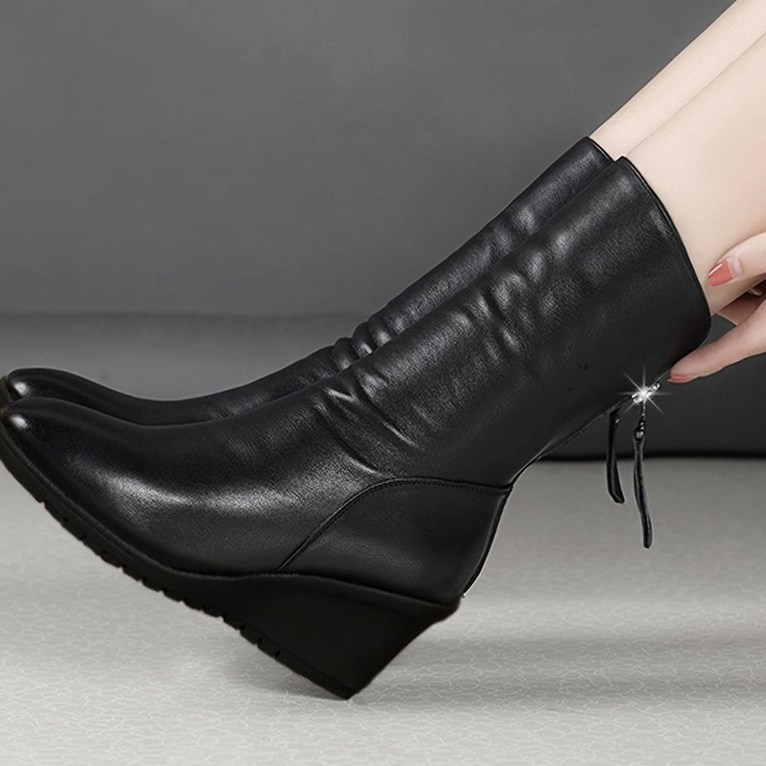 Women's Wedge Mid-Calf Boots Side-Zip Ruched Faux Leather