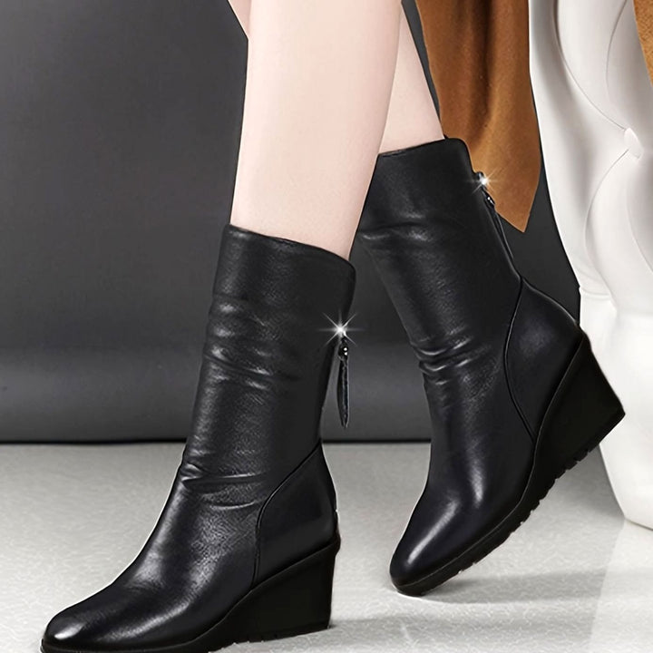 Women's Wedge Mid-Calf Boots Side-Zip Ruched Faux Leather