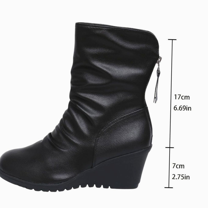 Women's Wedge Mid-Calf Boots Side-Zip Ruched Faux Leather