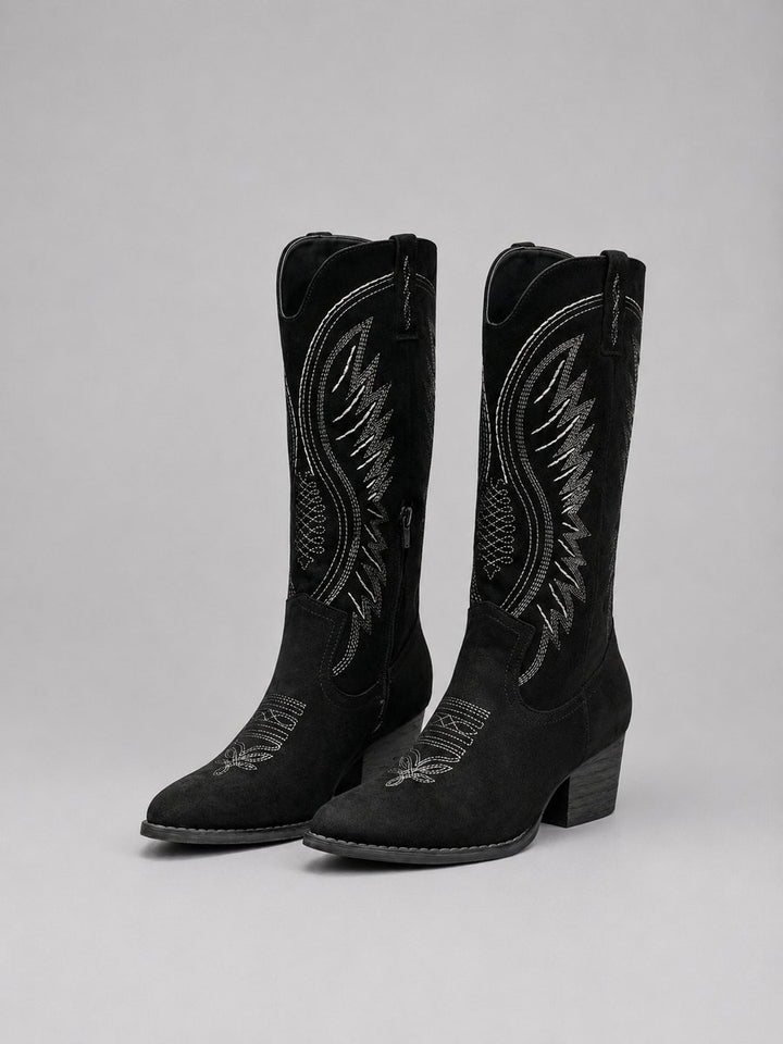 Women's Western Embroidered Suede Knee-High Cowboy Ankle Boots - Black