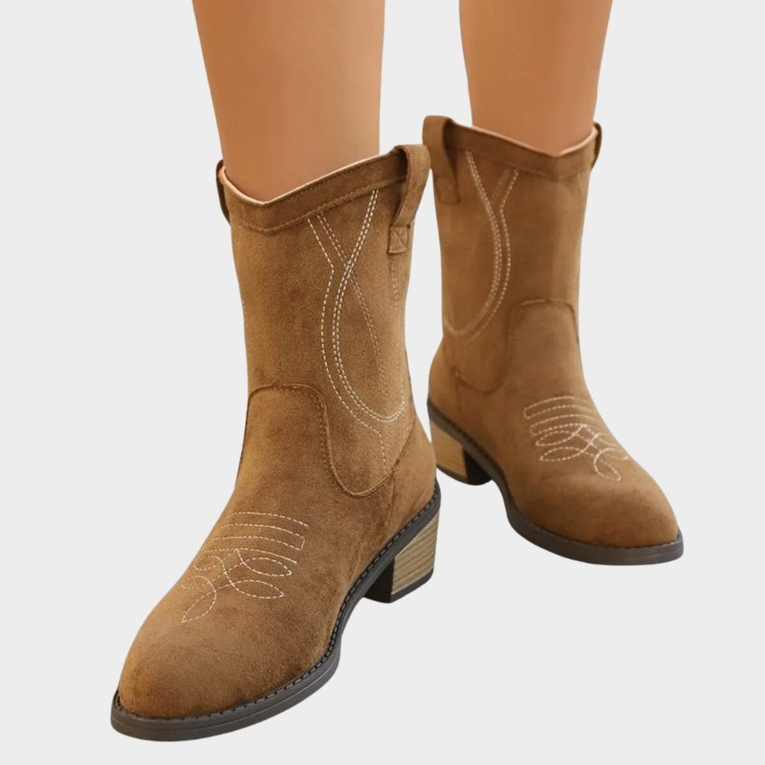 Women's Western Embroidered Suede Mid-Calf Ankle Boots