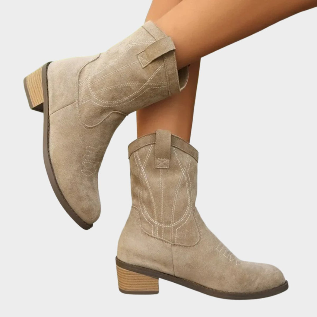 Women's Western Embroidered Suede Mid-Calf Ankle Boots - Gray