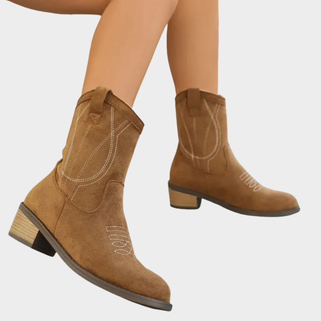 Women's Western Embroidered Suede Mid-Calf Ankle Boots - Khaki