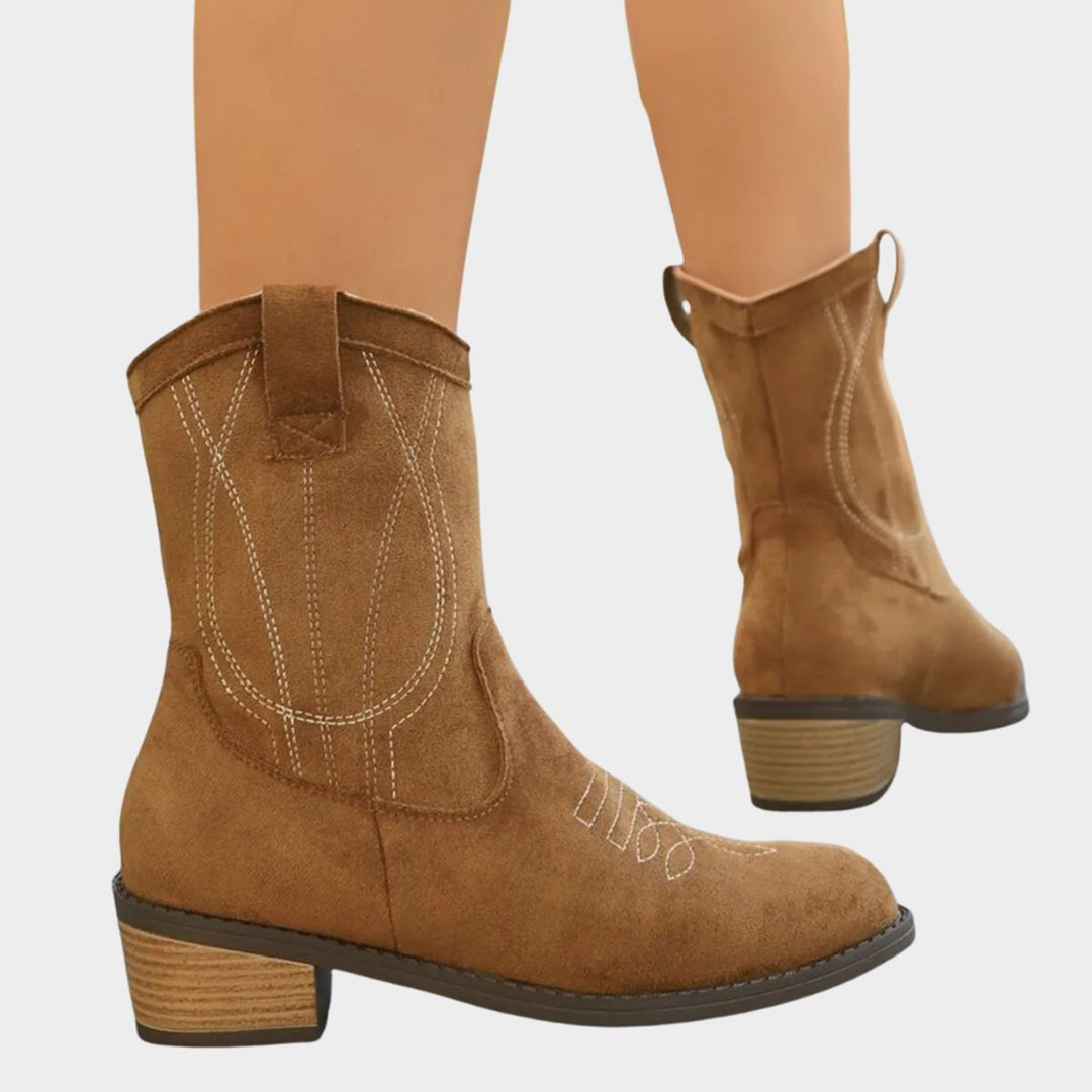 Women's Western Embroidered Suede Mid-Calf Ankle Boots