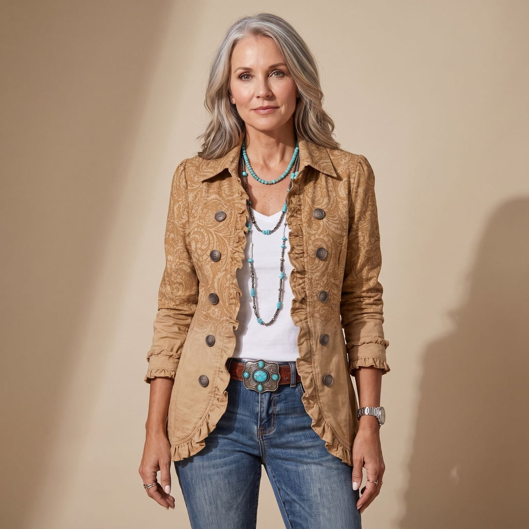 Women's Western Floral Embossed Double-Breasted Ruffle Jacket - Khaki