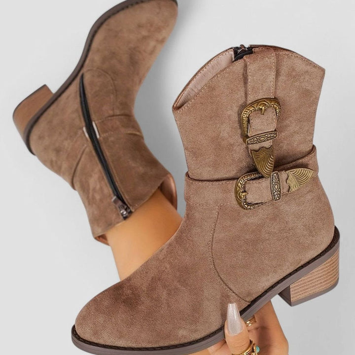 Women's Western-Style Block Heel Ankle Boots Decorative Buckles - Brown