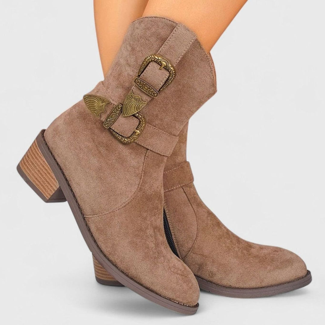 Women's Western-Style Block Heel Ankle Boots Decorative Buckles