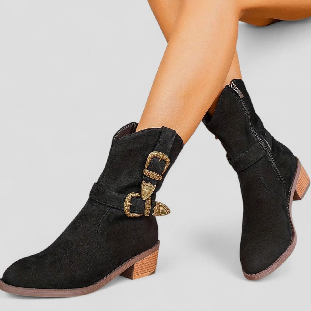 Women's Western-Style Block Heel Ankle Boots Decorative Buckles
