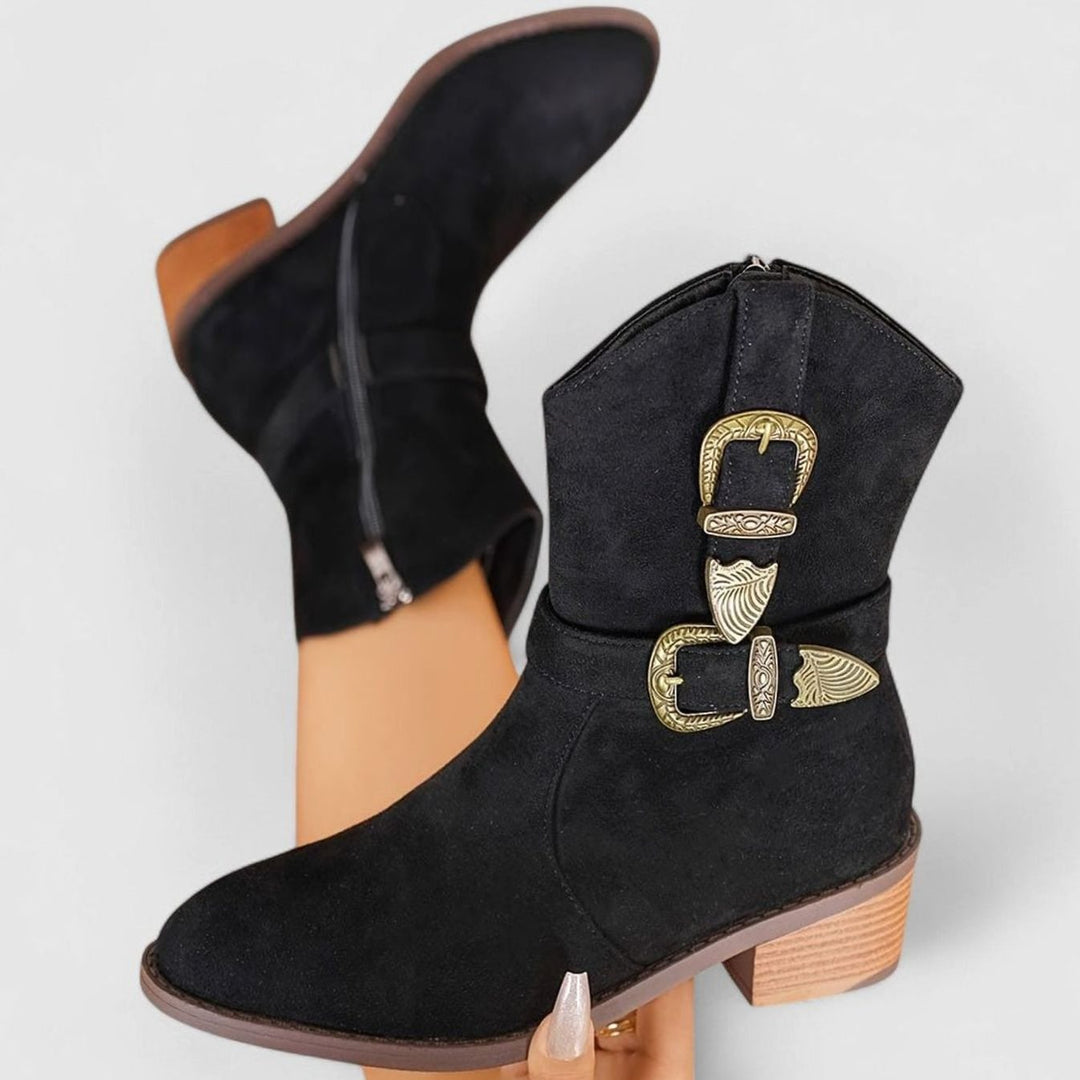 Women's Western-Style Block Heel Ankle Boots Decorative Buckles - Black