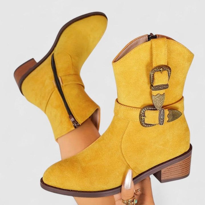 Women's Western-Style Block Heel Ankle Boots Decorative Buckles - Yellow