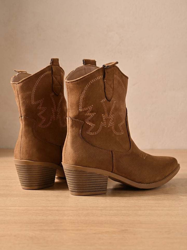 Women's Wide-Calf Embroidered Slip-On Western Ankle Boots