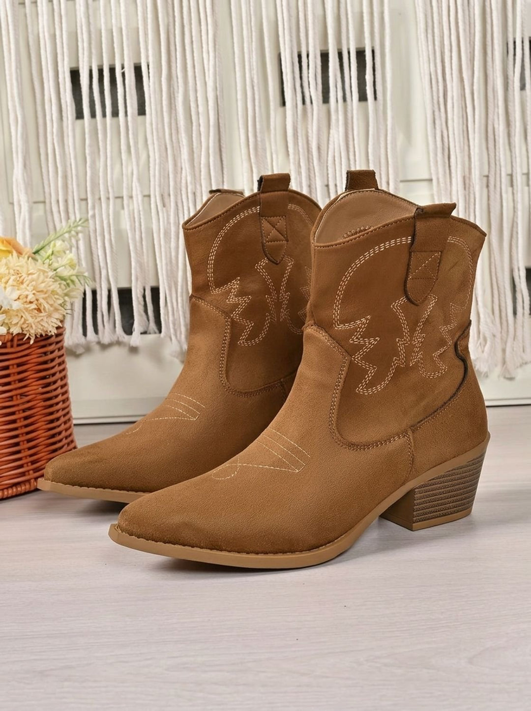 Women's Wide-Calf Embroidered Slip-On Western Ankle Boots - Light Brown