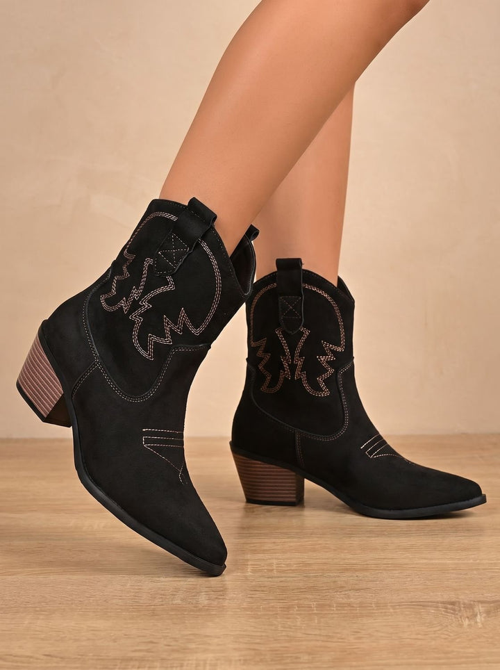 Women's Wide-Calf Embroidered Slip-On Western Ankle Boots