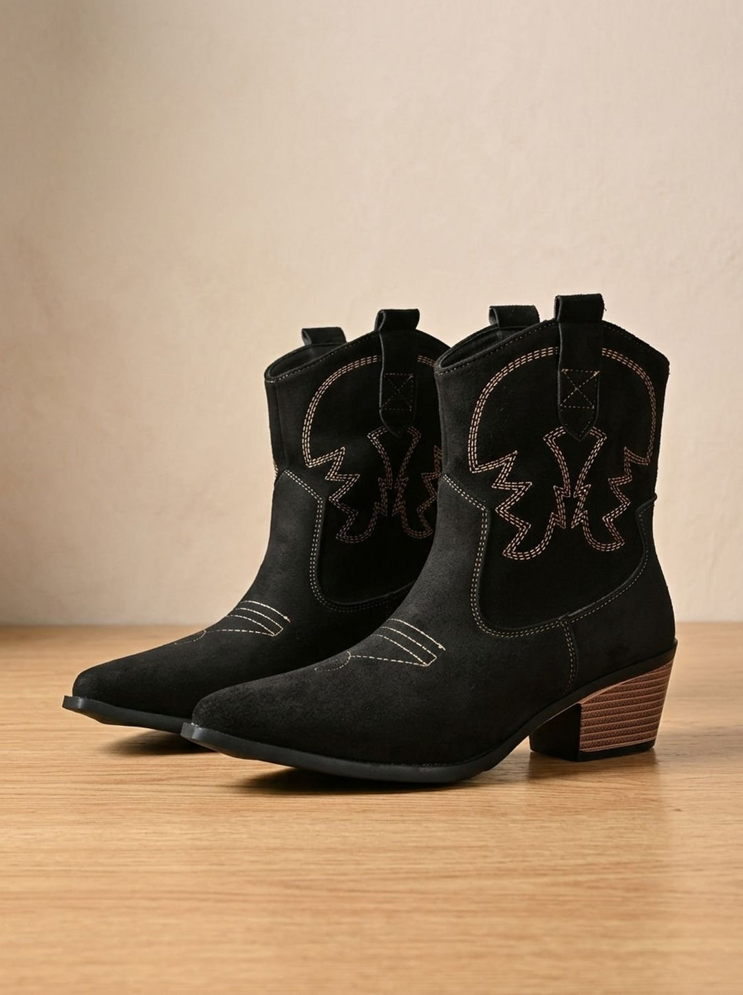 Women's Wide-Calf Embroidered Slip-On Western Ankle Boots - Black