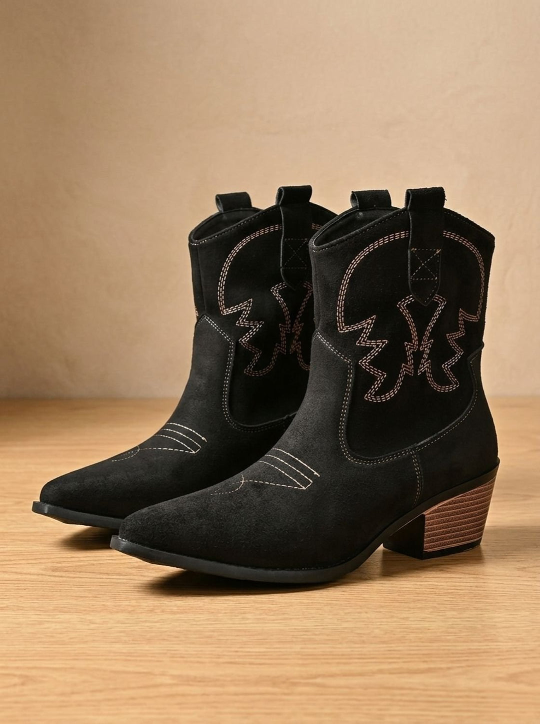 Women's Wide-Calf Embroidered Slip-On Western Ankle Boots