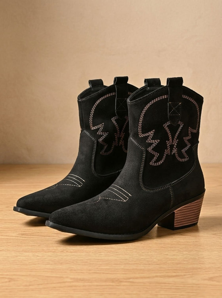 Women's Wide-Calf Embroidered Slip-On Western Ankle Boots